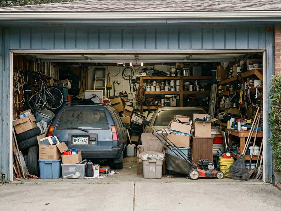 Cluttered garage before StowFindSell