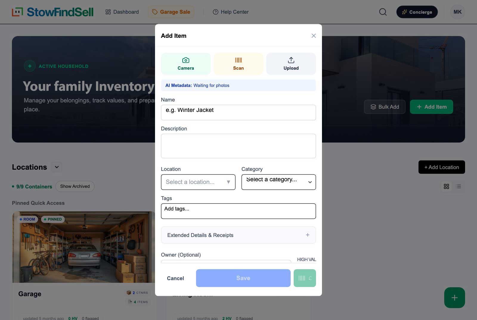 The Add Item form: Camera, Scan, and Upload buttons at the top — AI analyzes your photos on save
