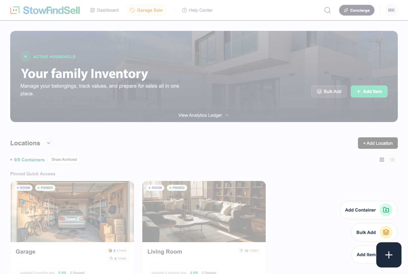 The + button opens Add Item, Bulk Add, and Add Container