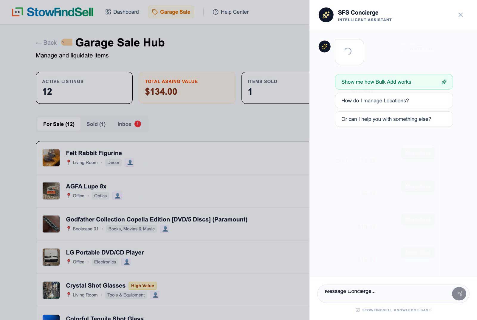 The SFS Concierge panel opens on the right from any page
