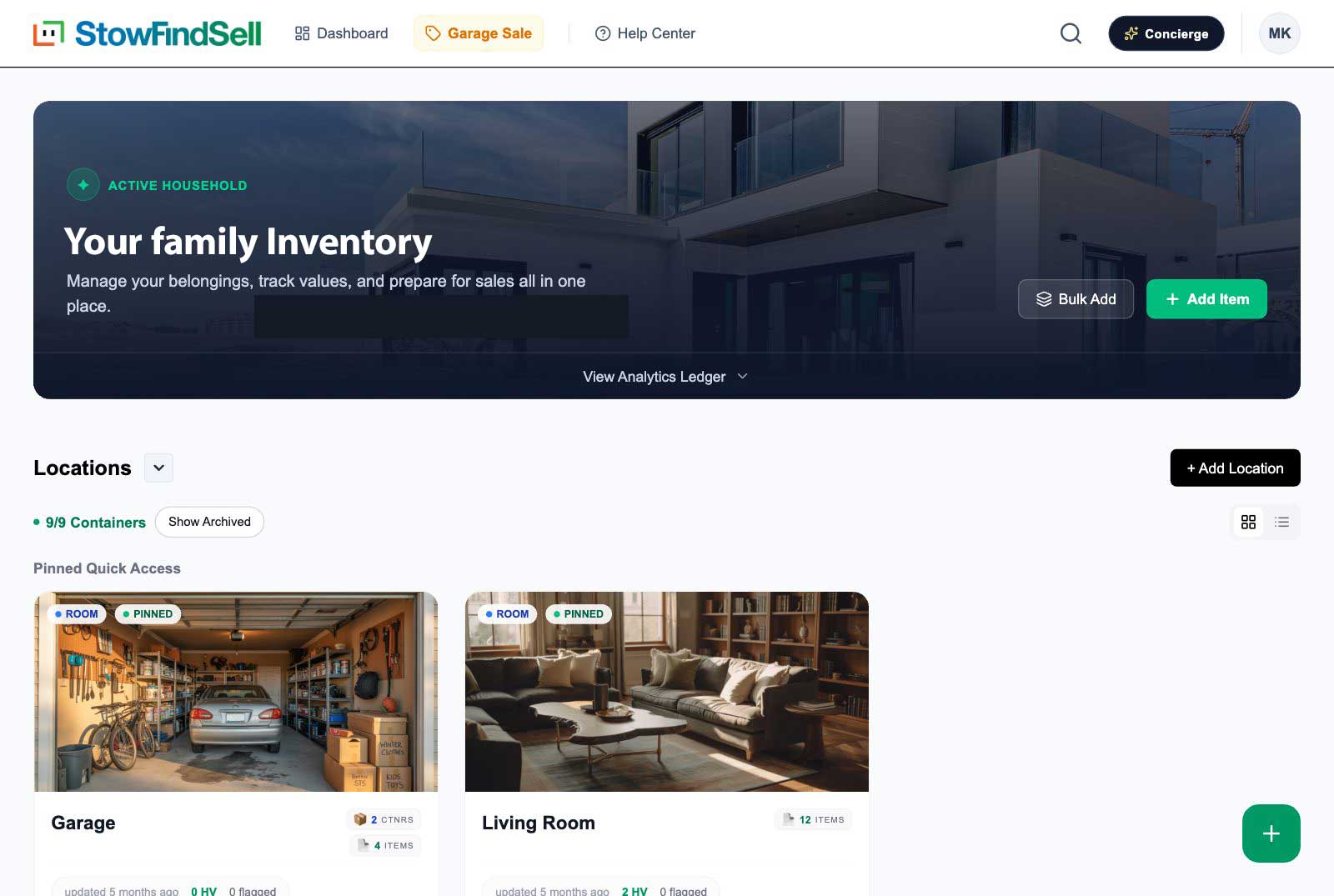 The Dashboard: your household hero card, locations grid, and pinned quick access