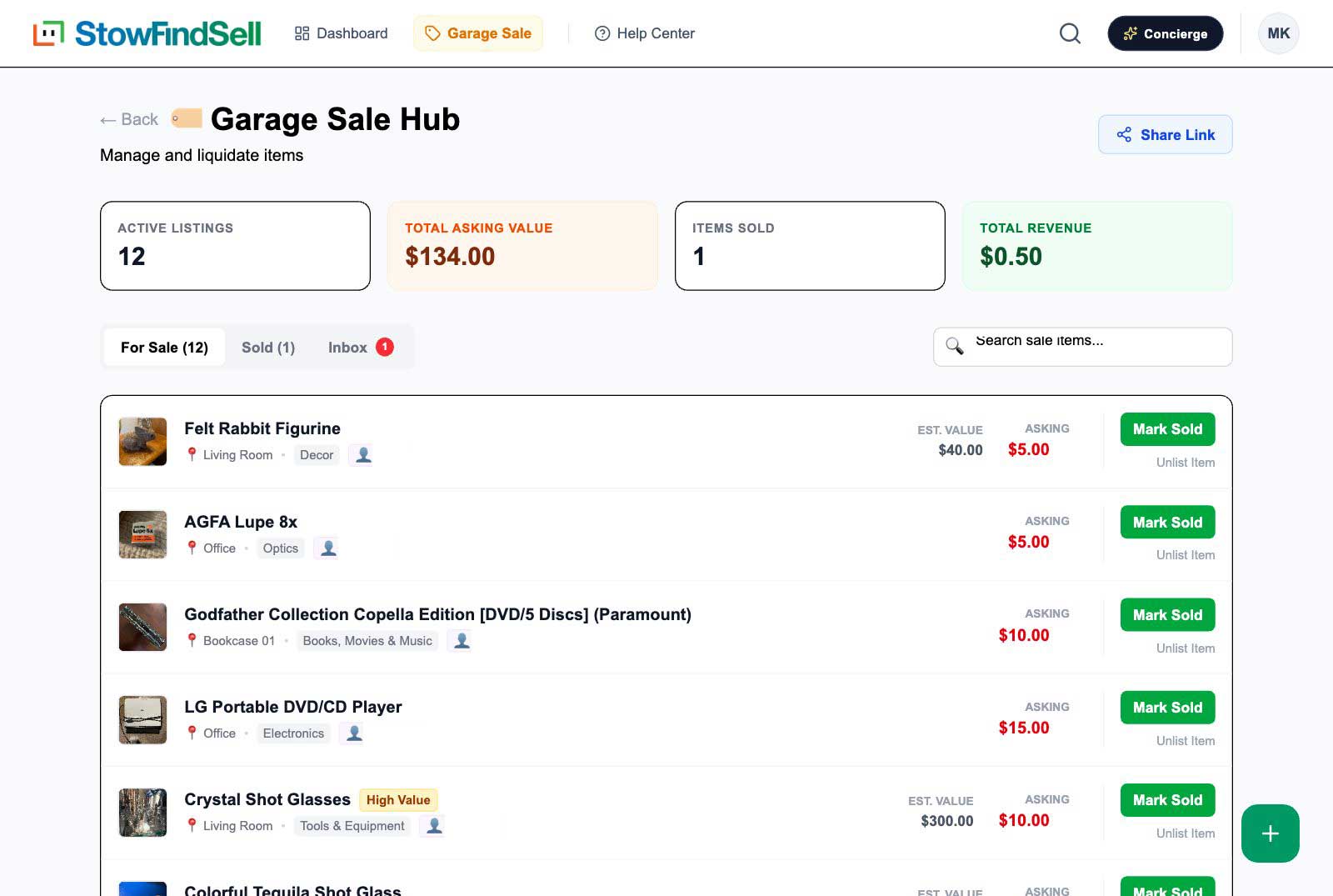 The Garage Sale hub: active listings, asking values, sold tracking, and the buyer inbox